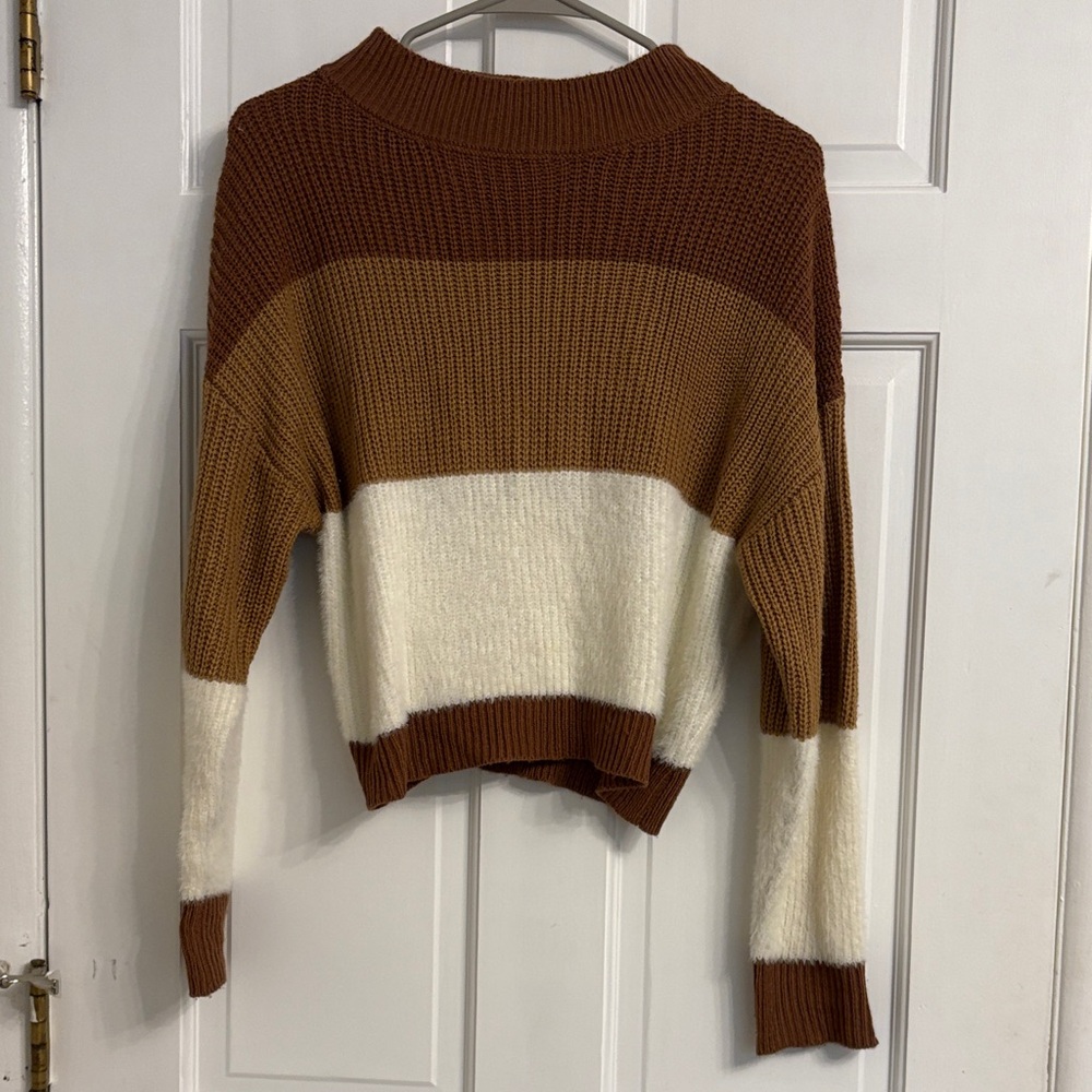 SHEIN Women's Striped Sweater in Brown and Cream